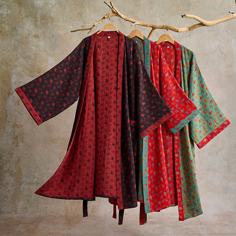 Peignoir kimono en coton avec motif de ginkgo – Robe de chambre bicolore en gaze de coton respirante – Vêtement de nuit unisexe avec taille réglable pour femmes et hommes | Sulvida