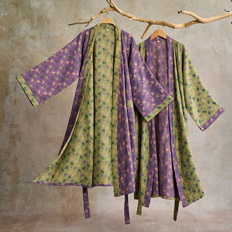 Peignoir kimono en coton avec motif de ginkgo – Robe de chambre bicolore en gaze de coton respirante – Vêtement de nuit unisexe avec taille réglable pour femmes et hommes | Sulvida