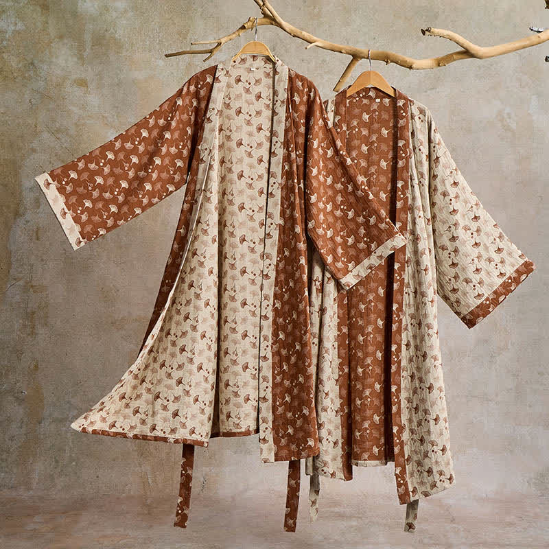 Peignoir kimono en coton avec motif de ginkgo – Robe de chambre bicolore en gaze de coton respirante – Vêtement de nuit unisexe avec taille réglable pour femmes et hommes | Sulvida