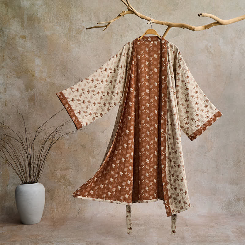 Peignoir kimono en coton avec motif de ginkgo – Robe de chambre bicolore en gaze de coton respirante – Vêtement de nuit unisexe avec taille réglable pour femmes et hommes | Sulvida