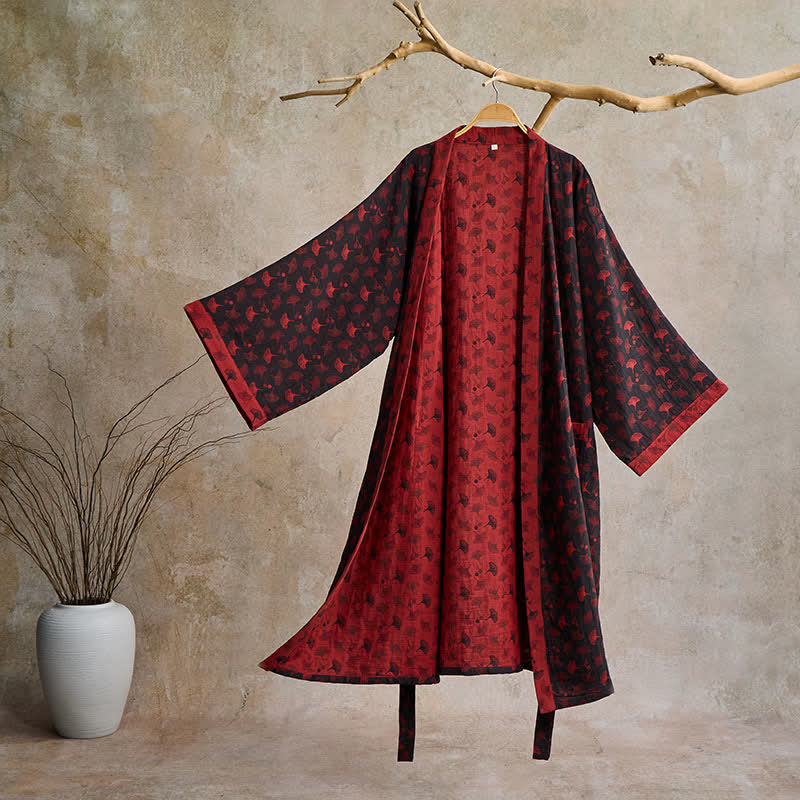 Peignoir kimono en coton avec motif de ginkgo – Robe de chambre bicolore en gaze de coton respirante – Vêtement de nuit unisexe avec taille réglable pour femmes et hommes | Sulvida