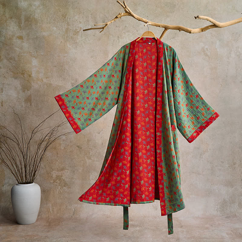 Peignoir kimono en coton avec motif de ginkgo – Robe de chambre bicolore en gaze de coton respirante – Vêtement de nuit unisexe avec taille réglable pour femmes et hommes | Sulvida