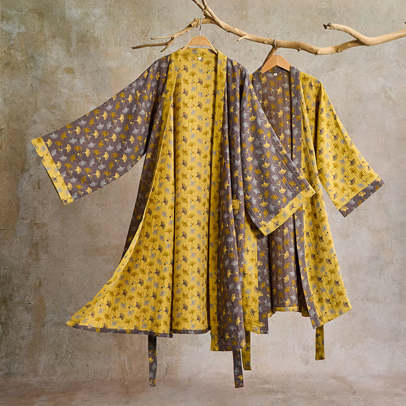 Peignoir kimono en coton avec motif de ginkgo – Robe de chambre bicolore en gaze de coton respirante – Vêtement de nuit unisexe avec taille réglable pour femmes et hommes | Sulvida