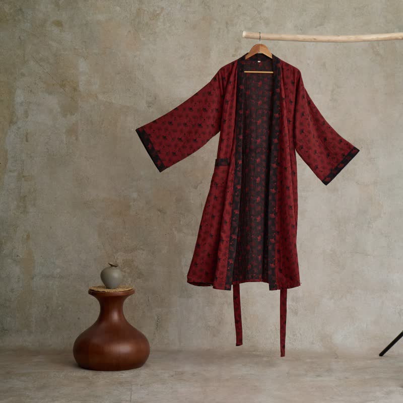 Peignoir kimono en coton avec motif de ginkgo – Robe de chambre bicolore en gaze de coton respirante – Vêtement de nuit unisexe avec taille réglable pour femmes et hommes | Sulvida