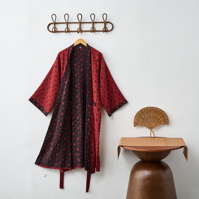 Peignoir kimono en coton avec motif de ginkgo – Robe de chambre bicolore en gaze de coton respirante – Vêtement de nuit unisexe avec taille réglable pour femmes et hommes | Sulvida