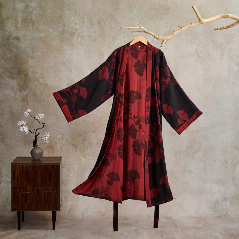Kimono en coton avec grand motif de feuilles de ginkgo – Robe de chambre en gaze double couche pour femmes et hommes, vêtement d’intérieur en tissu éponge | Sulvida
