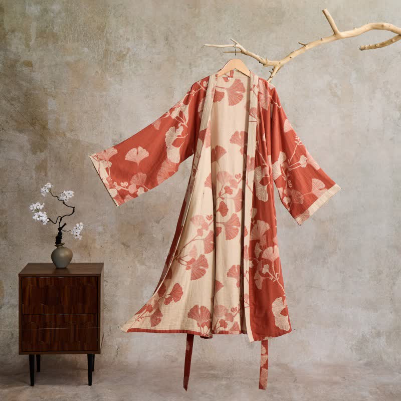 Kimono en coton avec grand motif de feuilles de ginkgo – Robe de chambre en gaze double couche pour femmes et hommes, vêtement d’intérieur en tissu éponge | Sulvida