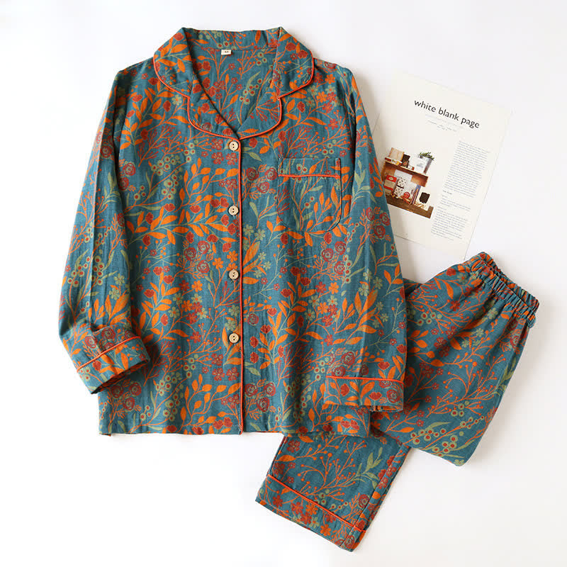 Ensemble de vêtements d’intérieur vintage à motif de feuilles – pyjama en coton à motif jacquard classique pour femmes et hommes – tenue d’intérieur confortable | Sulvida