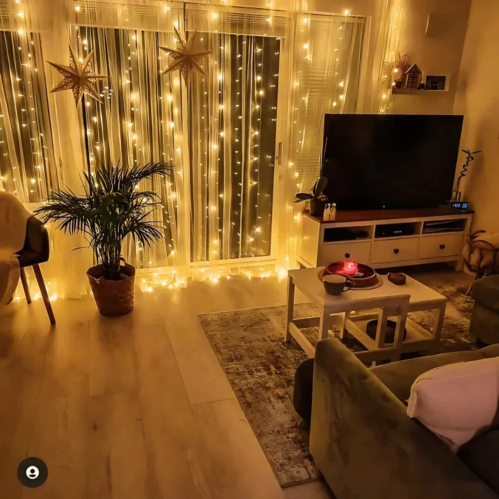 Rideau lumineux LED blanc chaud, 300 LED, 3 x 3 mètres, avec 8 modes d’éclairage pour l’éclairage d’ambiance intérieur et extérieur, le jardin, le balcon, la terrasse, la décoration de Noël et les fêtes, résistant à l’eau, alimentation USB | Sulvida