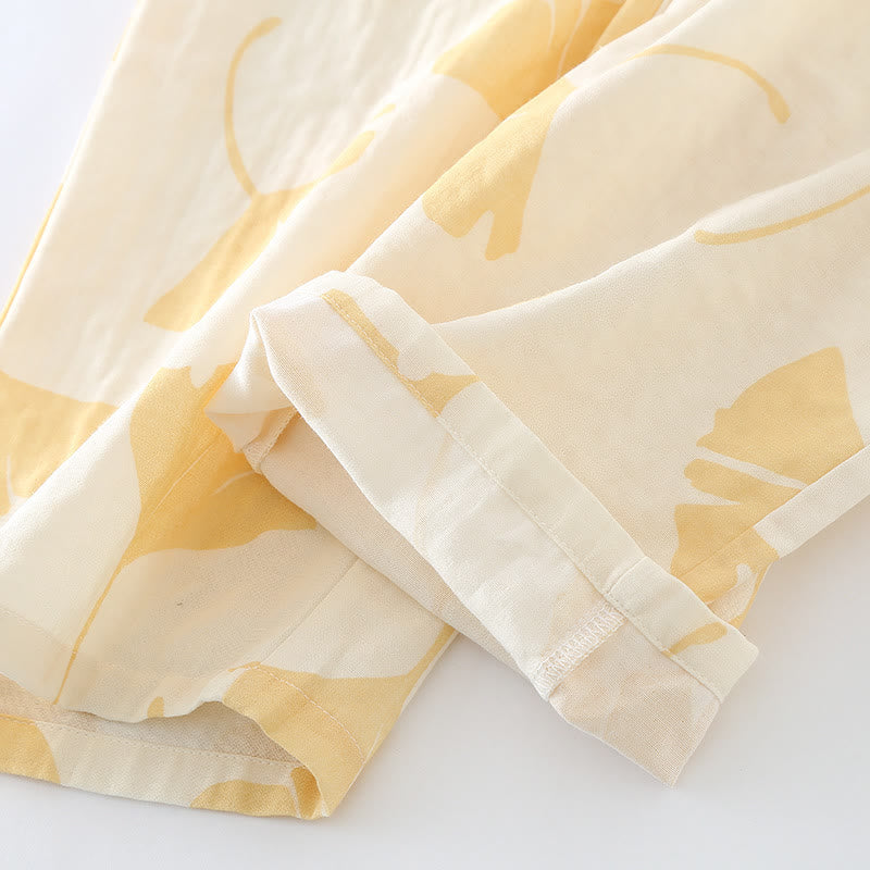Ensemble de vêtements d’intérieur en coton avec motif de feuilles de ginkgo et détail à nouer – Ensemble de pyjama confortable en gaze double couche avec poches pour femmes, idéal pour le printemps, l’été et l’automne | Sulvida