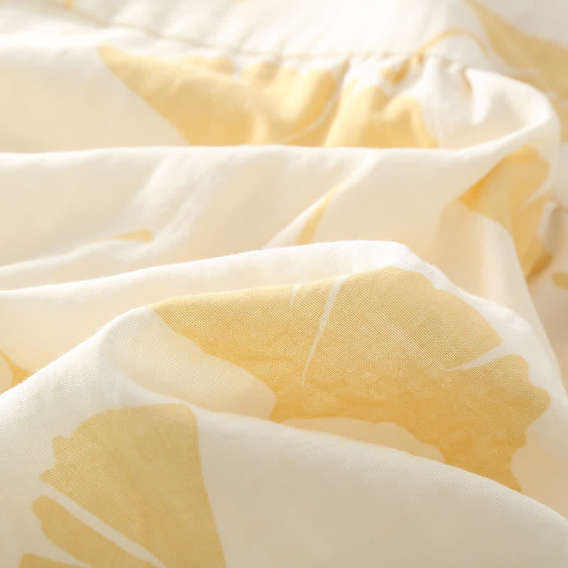 Ensemble de vêtements d’intérieur en coton avec motif de feuilles de ginkgo et détail à nouer – Ensemble de pyjama confortable en gaze double couche avec poches pour femmes, idéal pour le printemps, l’été et l’automne | Sulvida