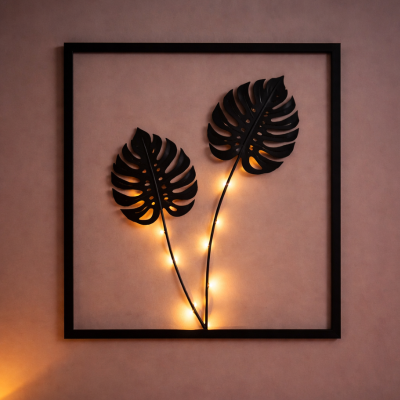 Cadre LED décoratif avec motif de feuilles et changement de couleur pour une décoration intérieure chaleureuse, 40x30 cm | Sulvida