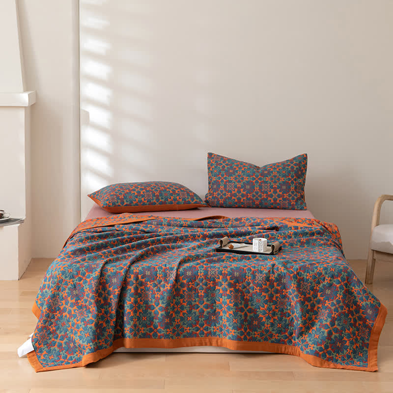 Quilt en coton à six couches, motif orange et bleu, couette réversible, textile de lit respirant pour une chambre moderne | Sulvida