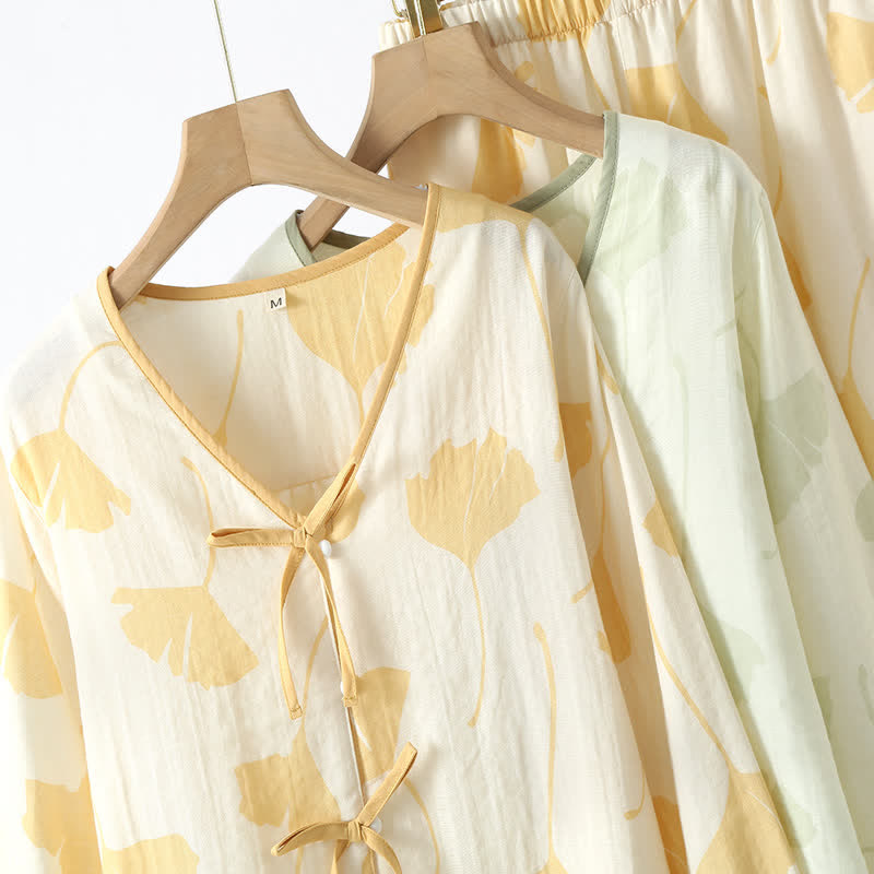 Ensemble de vêtements d’intérieur en coton avec motif de feuilles de ginkgo et détail à nouer – Ensemble de pyjama confortable en gaze double couche avec poches pour femmes, idéal pour le printemps, l’été et l’automne | Sulvida