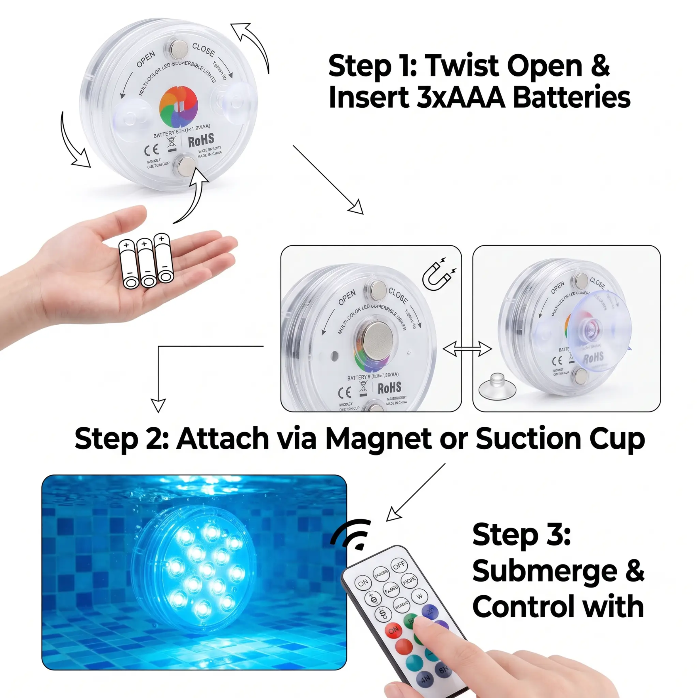 Lampe LED rechargeable et étanche avec télécommande et fixation magnétique pour piscine, aquarium, bassin et fontaine | Sulvida