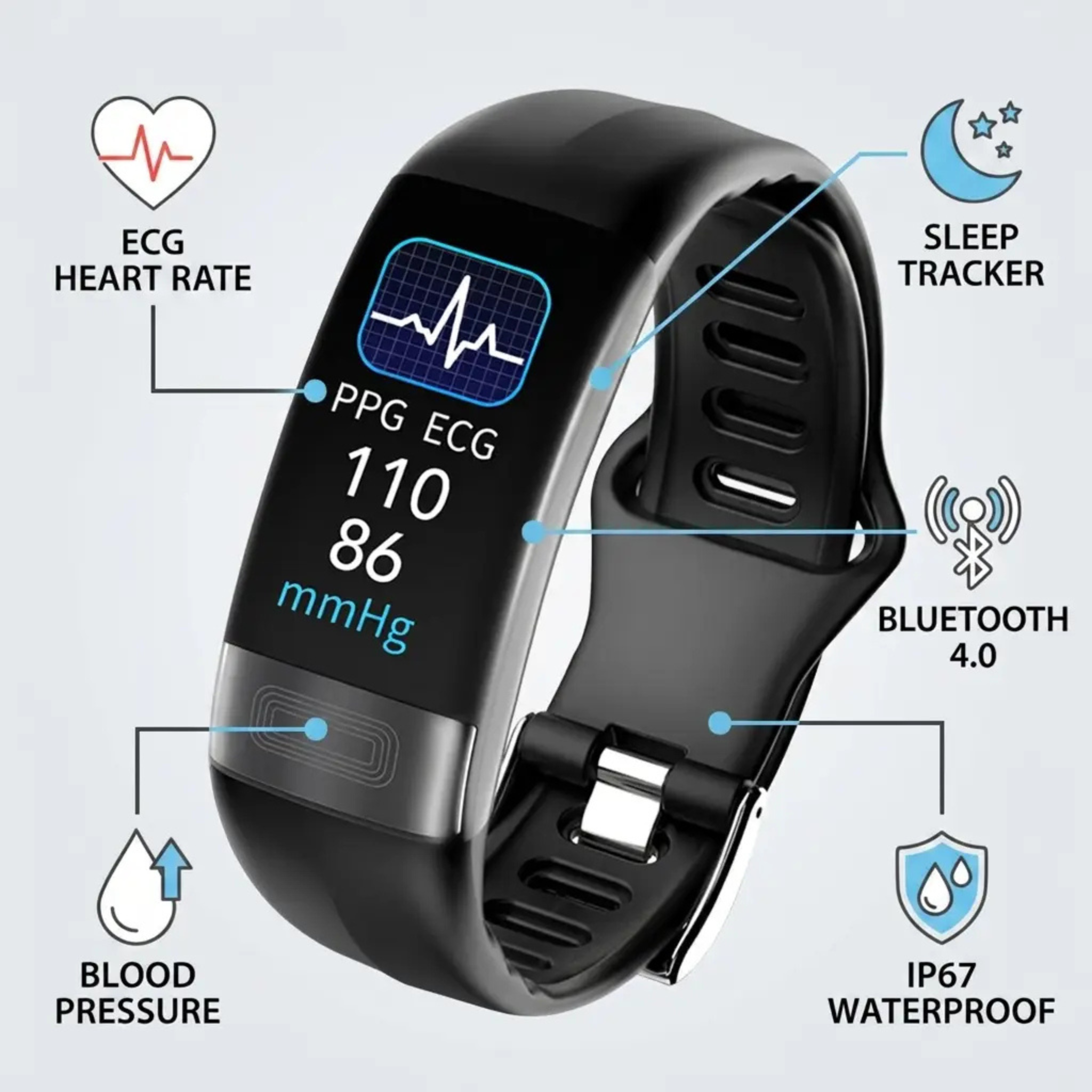 Bracelet d’activité avec tensiomètre, mesure de la fréquence cardiaque et de l’oxygène, et analyse du sommeil – bracelet connecté de fitness avec bracelet en silicone | Sulvida