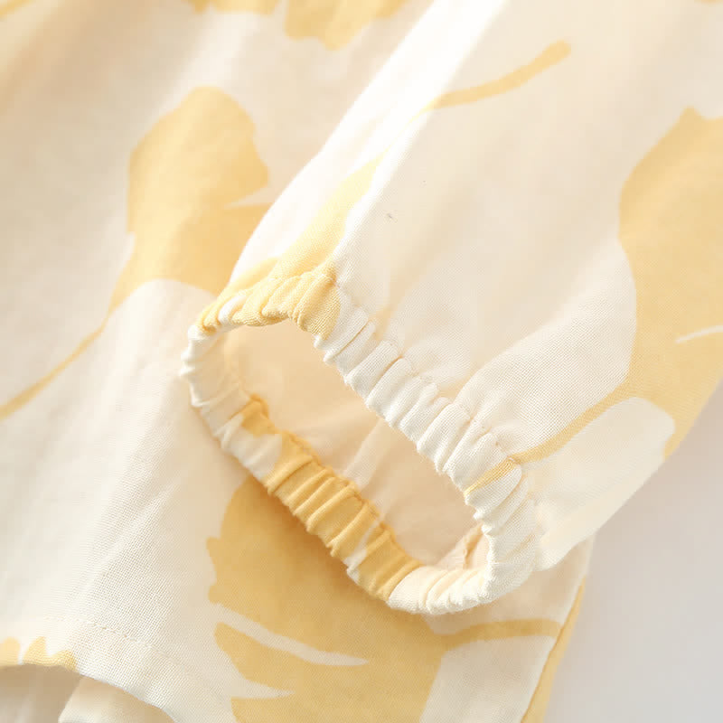 Ensemble de vêtements d’intérieur en coton avec motif de feuilles de ginkgo et détail à nouer – Ensemble de pyjama confortable en gaze double couche avec poches pour femmes, idéal pour le printemps, l’été et l’automne | Sulvida