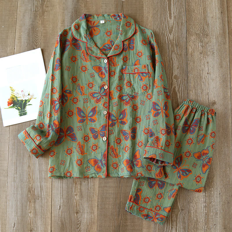 Ensemble de pyjama et vêtements d’intérieur pour femmes en coton, motif papillons vintage, manches longues, pour une détente confortable | Sulvida