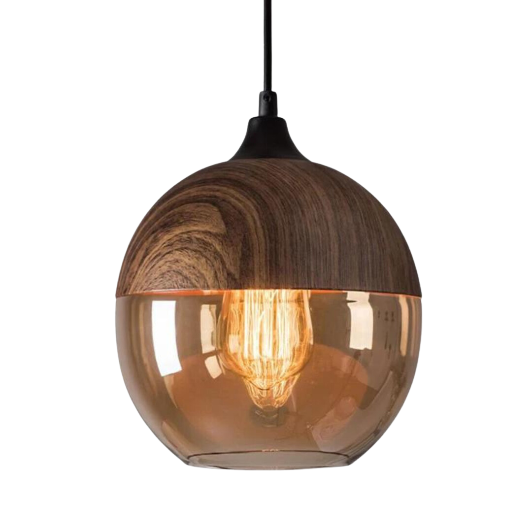 Suspension scandinave avec abat-jour en verre et structure effet bois – Éclairage dimmable pour salle à manger, salon, chambre – Hauteur réglable et diffusion de lumière chaude – Design intemporel | Sulvida
