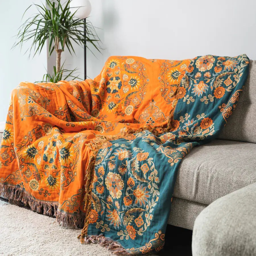 Plaid vintage à motif floral – Couverture tissée luxueuse pour canapé et lit – Plaid à franges – Décoration intérieure de style bohème et chaleur | Sulvida