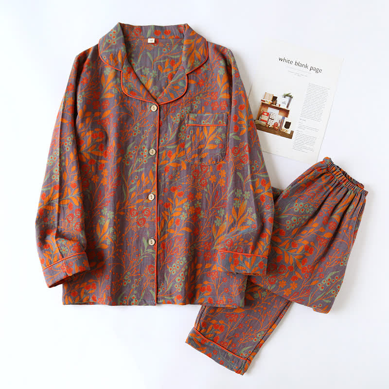 Ensemble de vêtements d’intérieur vintage à motif de feuilles – pyjama en coton à motif jacquard classique pour femmes et hommes – tenue d’intérieur confortable | Sulvida