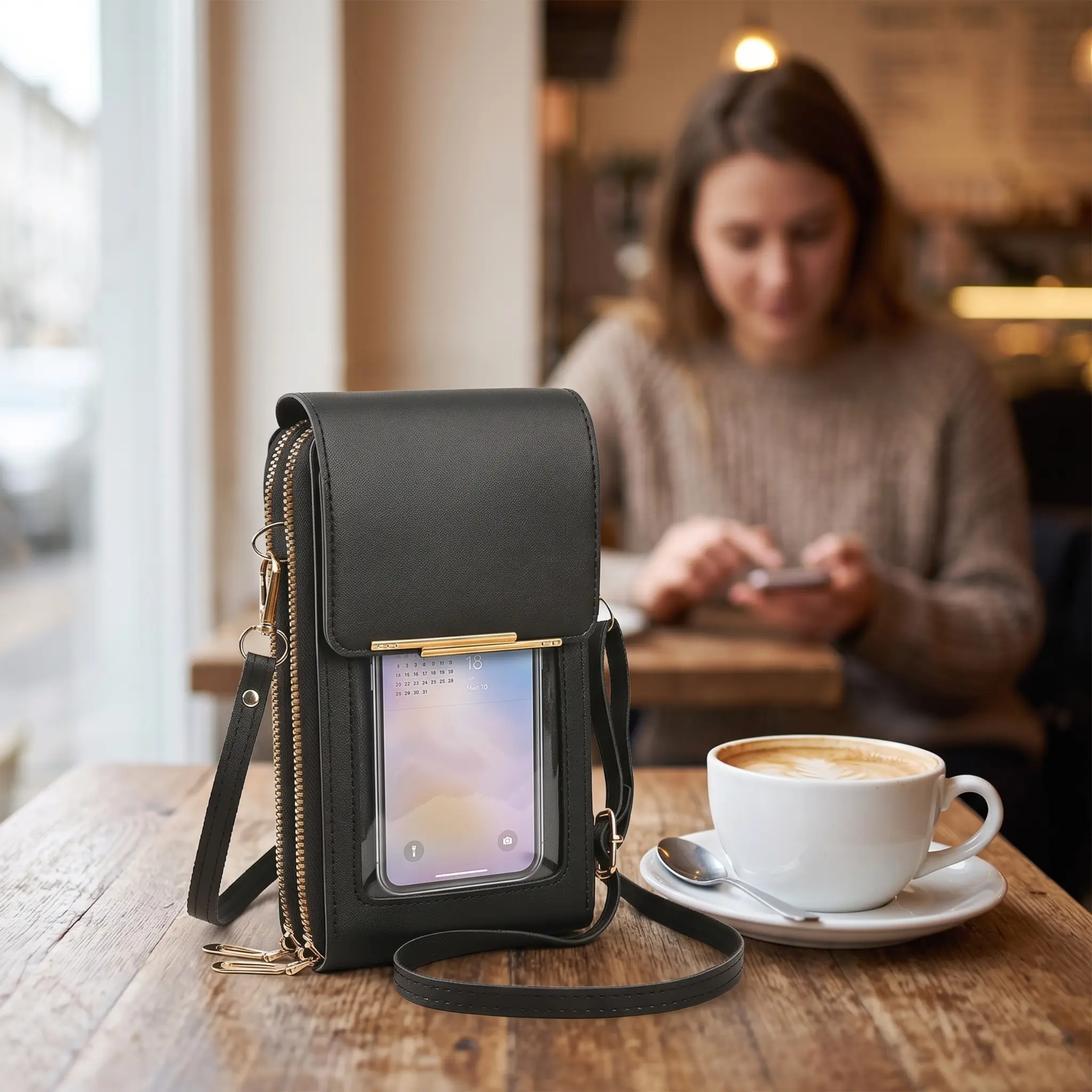 Pochette de téléphone bandoulière avec protection RFID et fenêtre tactile – Portefeuille sécurisé mains libres pour smartphones jusqu’à 6,7 pouces | Sulvida
