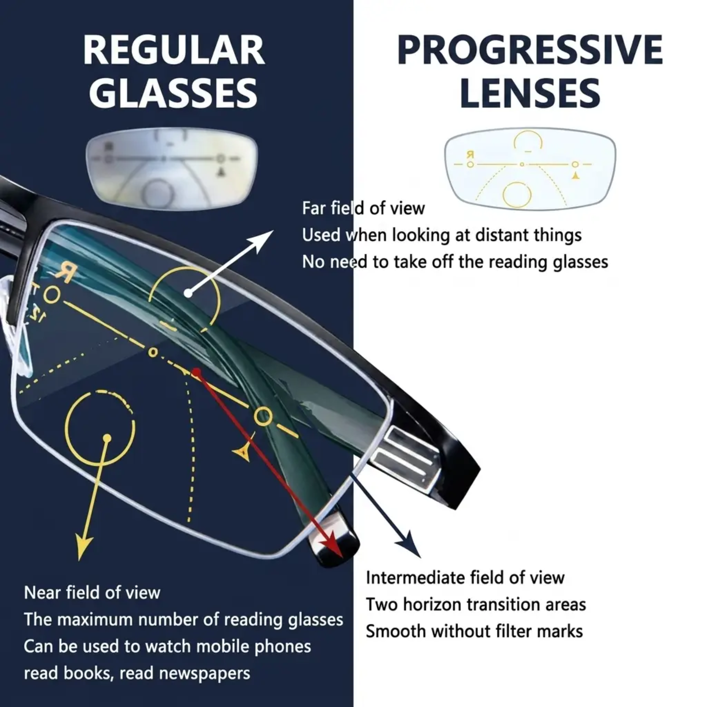 Progressieve Leesbril – Glazen met Driezone-Lenzen, Blauwlichtfilter, Anti-Reflectie, Metalen Montuur voor Universeel Comfort | Sulvida