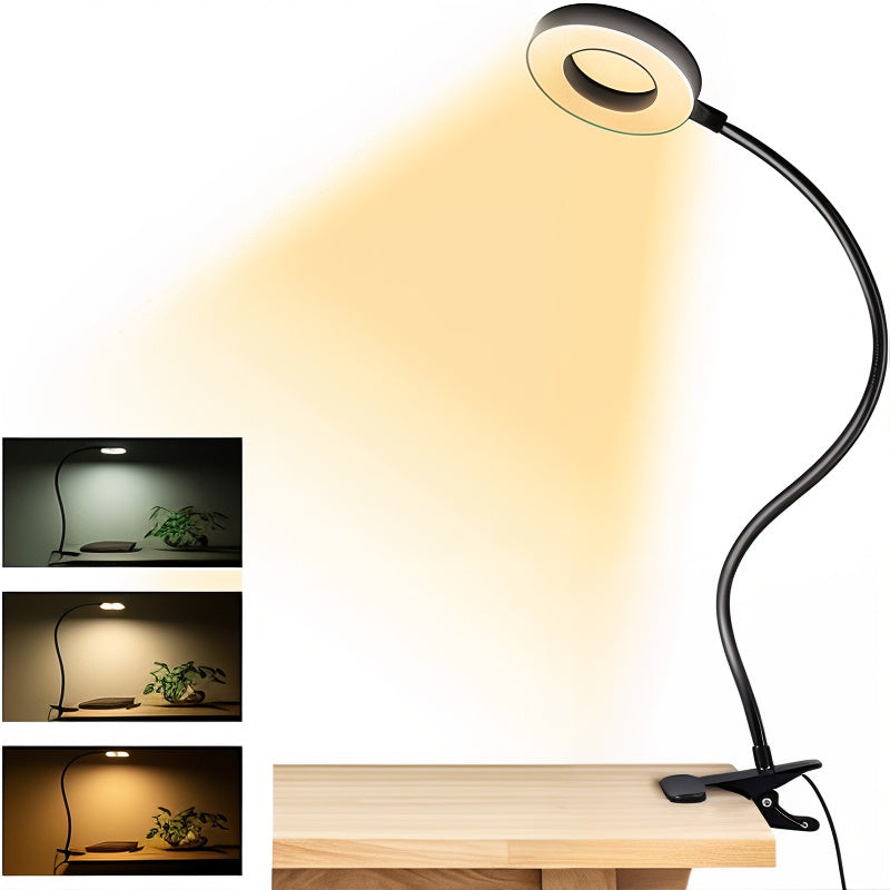 Lampe de lecture à pince avec 48 LED et 3 couleurs réglables – Lampe de bureau flexible à col de cygne avec port USB pour étudier, lire et travailler – Lampe de table à clip réglable | Sulvida