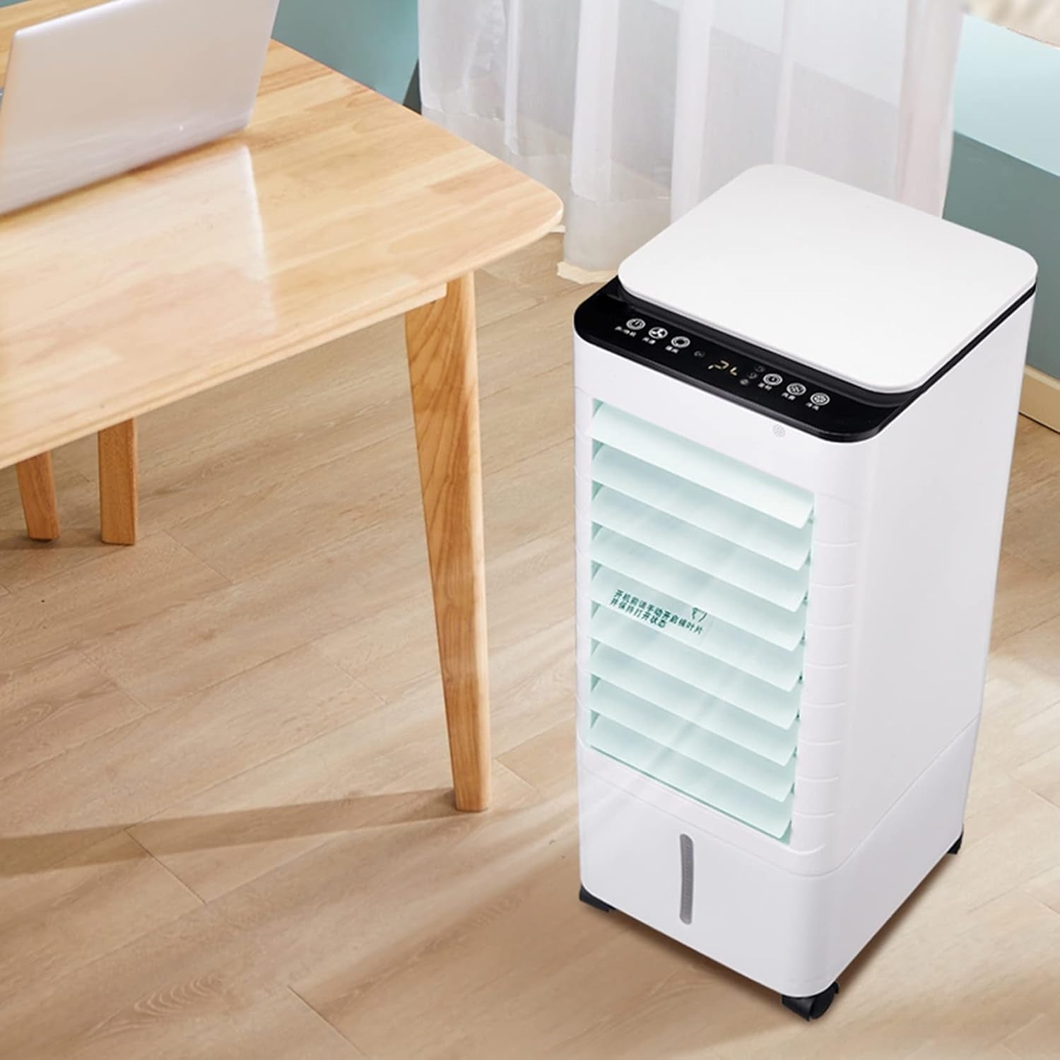 Rafraîchisseur d’air mobile avec grand réservoir d’eau et fonction 3-en-1 pour le refroidissement, l’humidification et la purification de l’air — Design silencieux avec roulettes et télécommande pour la chambre et le bureau | Sulvida