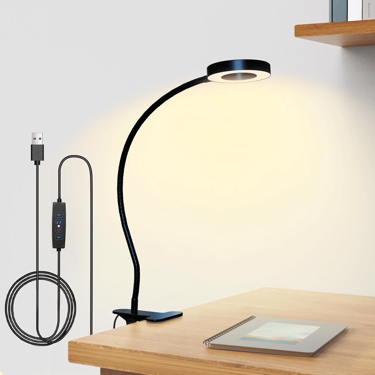 Lampe de lecture à pince avec 48 LED et 3 couleurs réglables – Lampe de bureau flexible à col de cygne avec port USB pour étudier, lire et travailler – Lampe de table à clip réglable | Sulvida