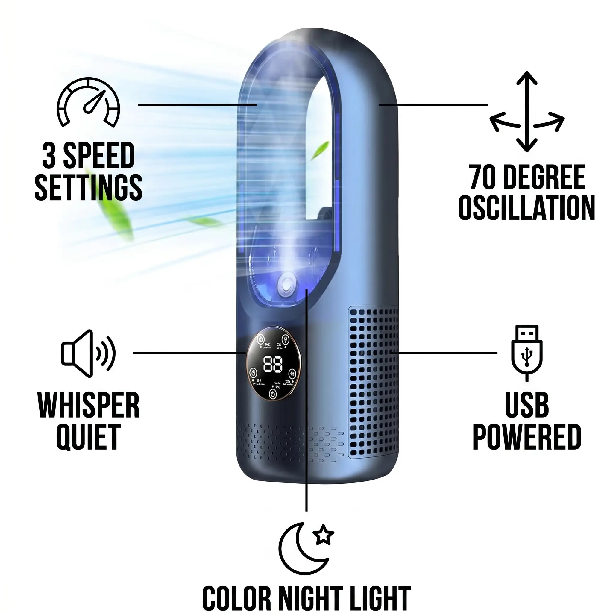 Ventilateur Portable Sans Lames avec Connexion USB – Système de Refroidissement Silencieux pour Maison et Bureau – 6 Vitesses avec Minuterie | Sulvida