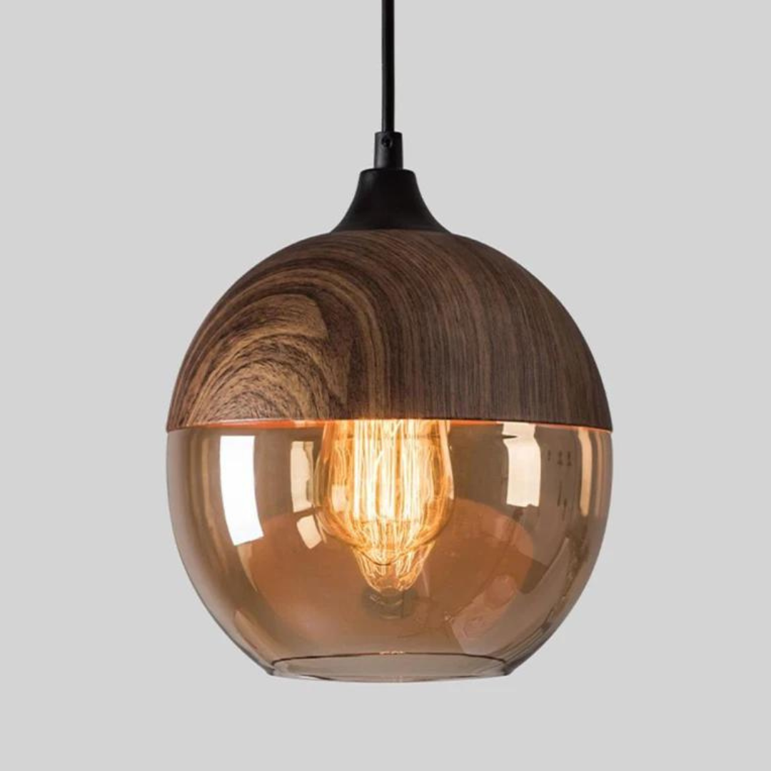 Suspension scandinave avec abat-jour en verre et structure effet bois – Éclairage dimmable pour salle à manger, salon, chambre – Hauteur réglable et diffusion de lumière chaude – Design intemporel | Sulvida