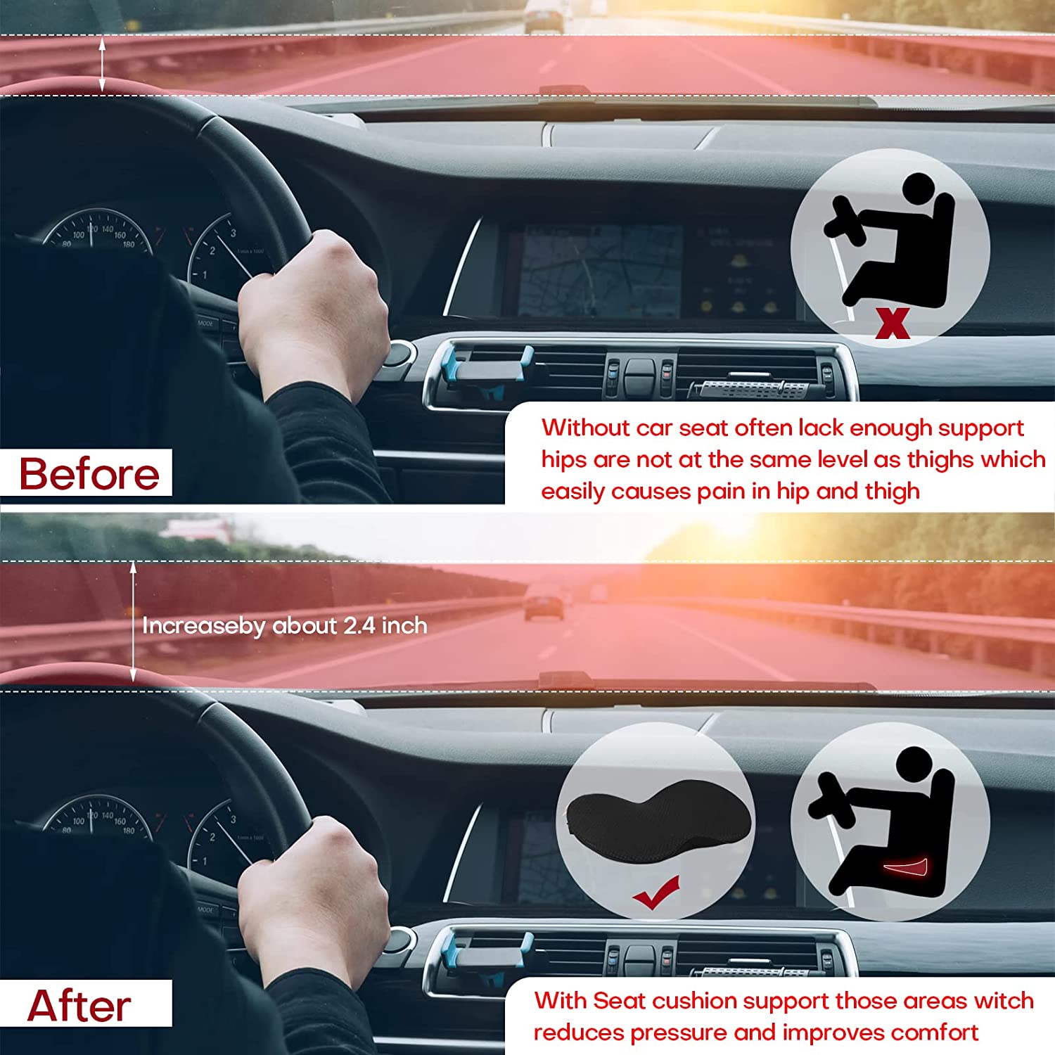 Coussin de siège auto pour conducteurs de petite taille – Coussin rehausseur en mousse à mémoire de forme – Rehausseur ergonomique pour voiture – Confort & soutien dorsal | Sulvida