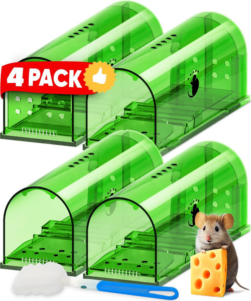 Piège à souris réutilisable par capture vivante, lot de 4 | Respectueux des animaux sans douleur | Relâchement facile sans contact | Sécurisé pour enfants et animaux domestiques | Avec brosse de nettoyage et manuel | Sulvida