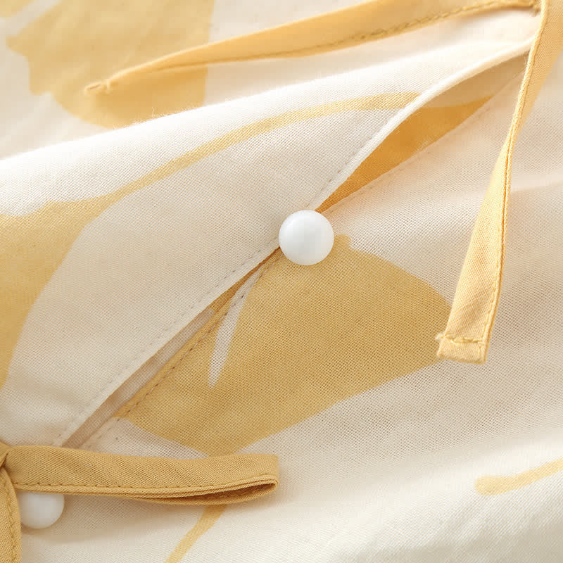 Ensemble de vêtements d’intérieur en coton avec motif de feuilles de ginkgo et détail à nouer – Ensemble de pyjama confortable en gaze double couche avec poches pour femmes, idéal pour le printemps, l’été et l’automne | Sulvida