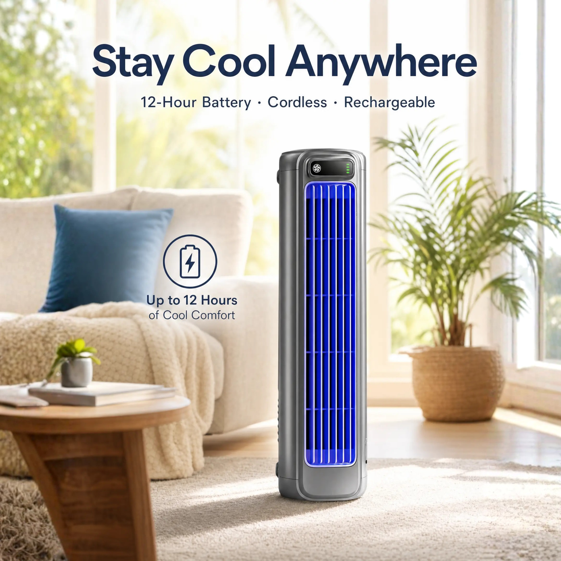 Ventilateur de Sol Portable Rechargeable avec Circulation d’Air Sans Lames – Autonomie de 12 Heures pour Maison, Bureau et Déplacements | Sulvida
