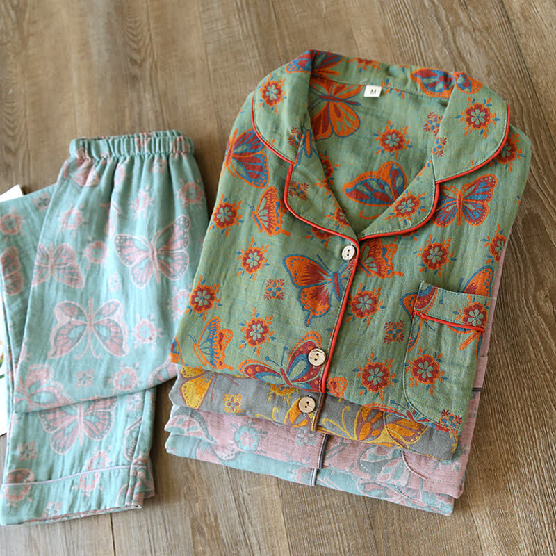 Ensemble de pyjama et vêtements d’intérieur pour femmes en coton, motif papillons vintage, manches longues, pour une détente confortable | Sulvida