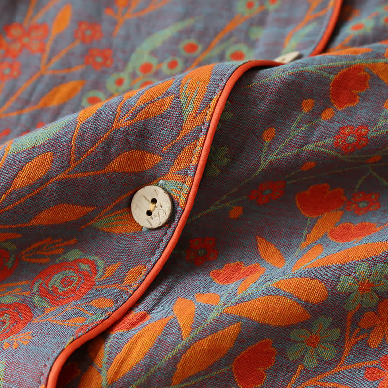 Ensemble de vêtements d’intérieur vintage à motif de feuilles – pyjama en coton à motif jacquard classique pour femmes et hommes – tenue d’intérieur confortable | Sulvida