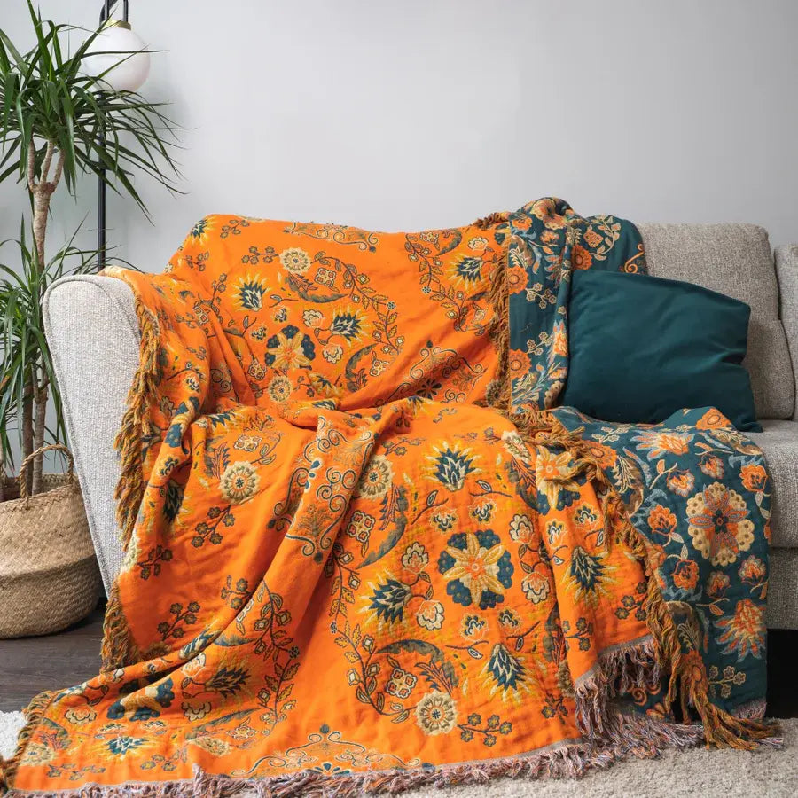 Plaid vintage à motif floral – Couverture tissée luxueuse pour canapé et lit – Plaid à franges – Décoration intérieure de style bohème et chaleur | Sulvida