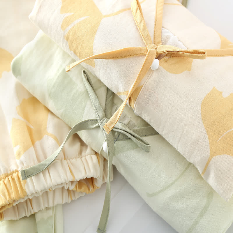 Ensemble de vêtements d’intérieur en coton avec motif de feuilles de ginkgo et détail à nouer – Ensemble de pyjama confortable en gaze double couche avec poches pour femmes, idéal pour le printemps, l’été et l’automne | Sulvida
