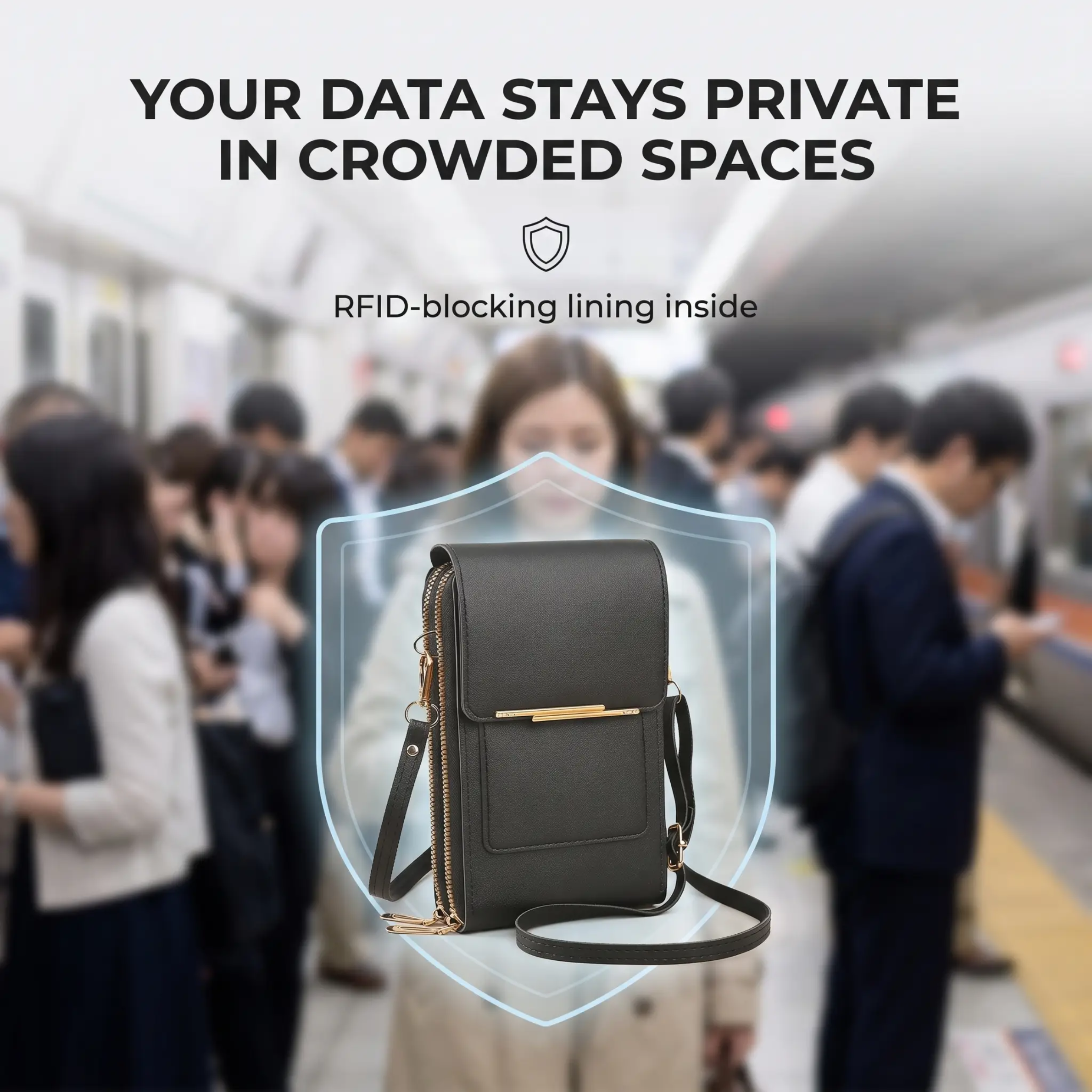 Pochette de téléphone bandoulière avec protection RFID et fenêtre tactile – Portefeuille sécurisé mains libres pour smartphones jusqu’à 6,7 pouces | Sulvida