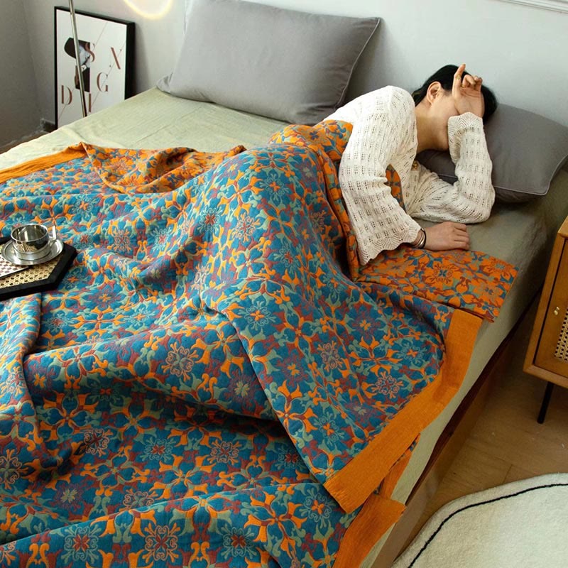 Quilt en coton à six couches, motif orange et bleu, couette réversible, textile de lit respirant pour une chambre moderne | Sulvida