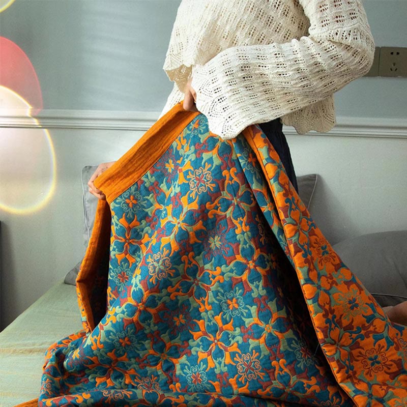Quilt en coton à six couches, motif orange et bleu, couette réversible, textile de lit respirant pour une chambre moderne | Sulvida