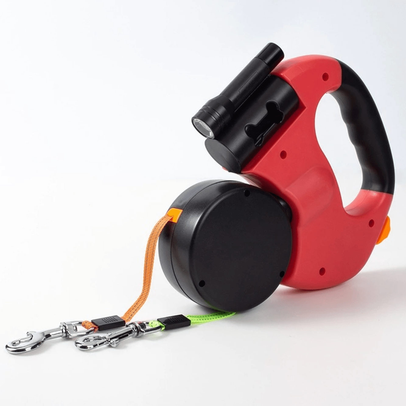 Laisse double rétractable pour chiens avec lampe de poche et rotation à 360° pour deux chiens jusqu’à 40 kg chacun – Mécanisme anti-enchevêtrement, bandes réfléchissantes, commande à une main, promenade sécurisée le soir | Sulvida