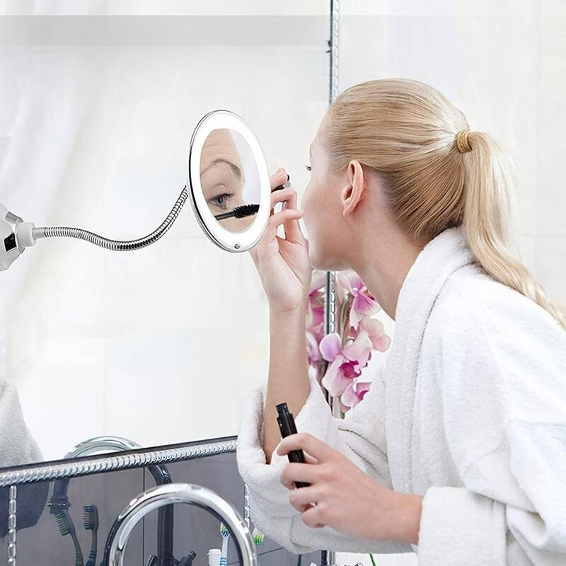 Miroir de maquillage grossissant avec éclairage LED – Grossissement 10x, bras flexible, fixation par ventouse – Miroir de salle de bains pour le rasage et les soins de la peau | Sulvida