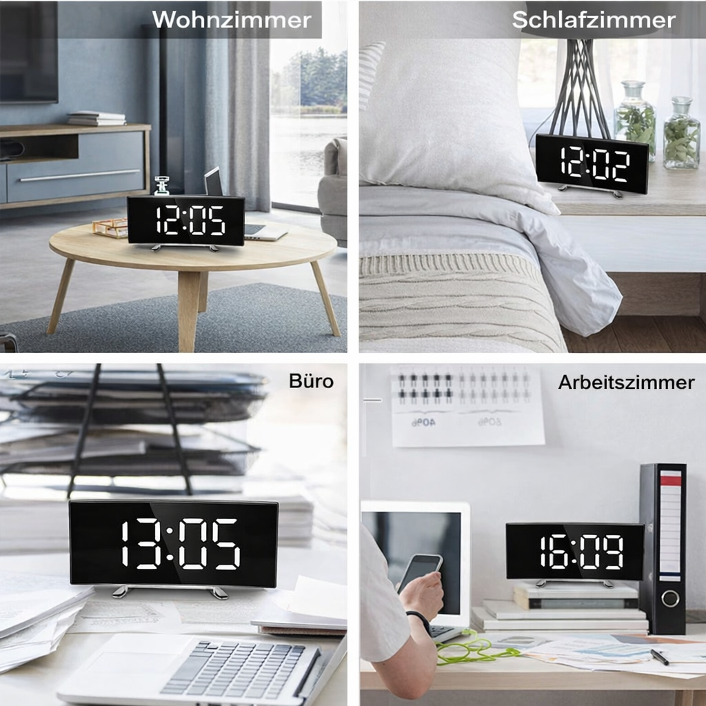 Réveil miroir LED avec fonction de gradation automatique | Affichage incurvé pour une lecture optimale | Mode jour et nuit | Horloge de bureau moderne avec grand écran digital | Sulvida