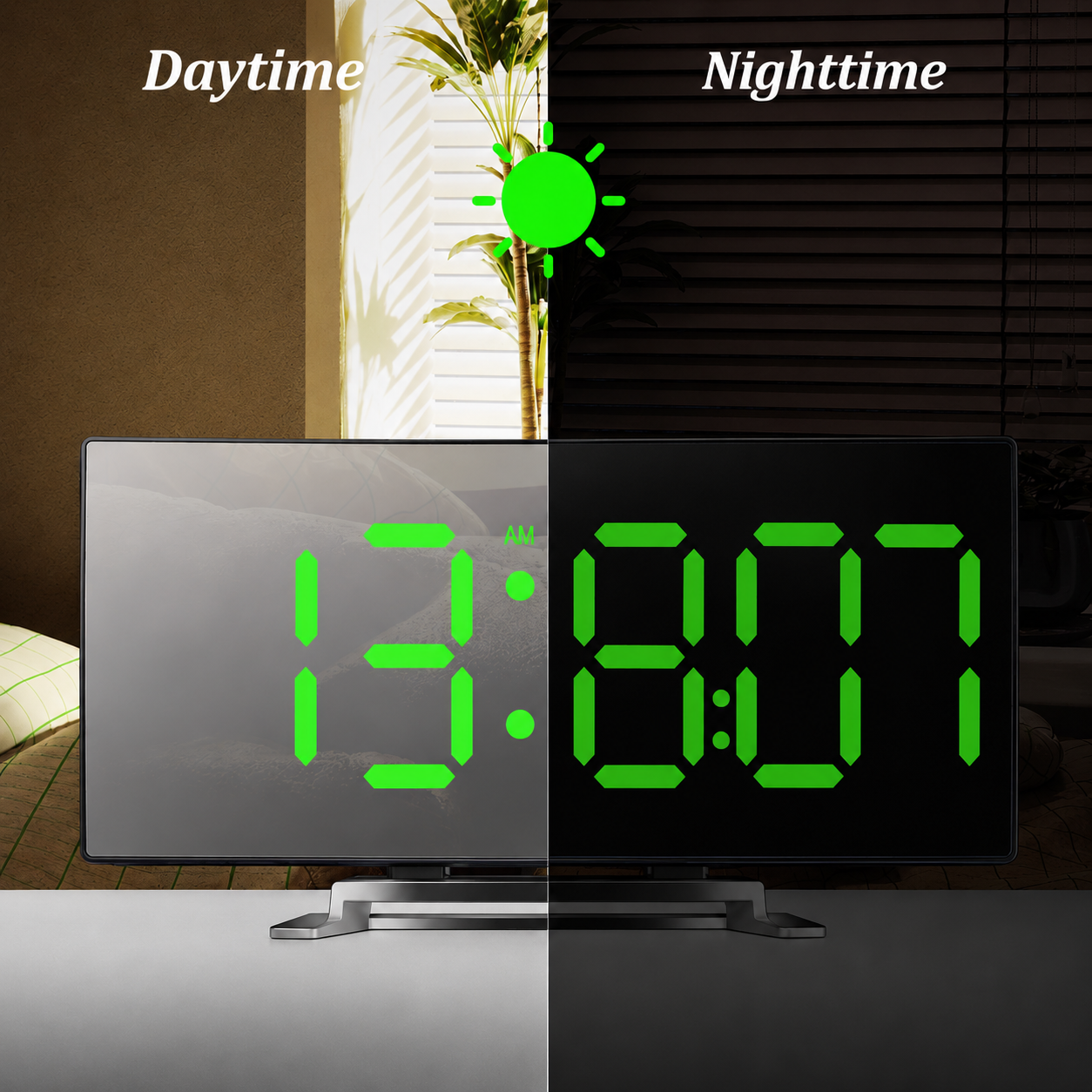 Réveil miroir LED avec fonction de gradation automatique | Affichage incurvé pour une lecture optimale | Mode jour et nuit | Horloge de bureau moderne avec grand écran digital | Sulvida