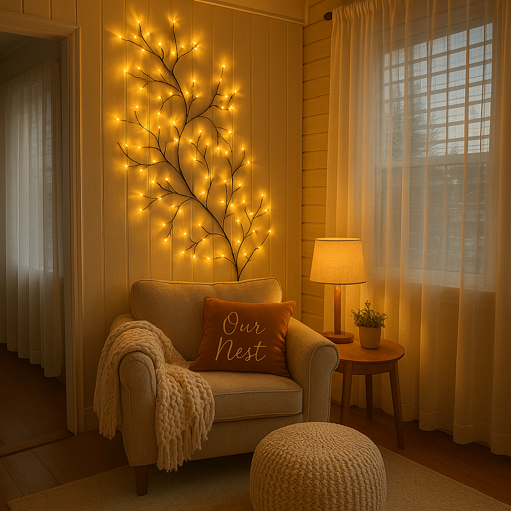Applique murale décorative LED en forme de branche de saule avec 144 lumières blanc chaud et 18 branches pour un éclairage d’ambiance – 2,3 mètres avec télécommande, branche lumineuse à intensité réglable pour salon, chambre ou terrasse | Sulvida