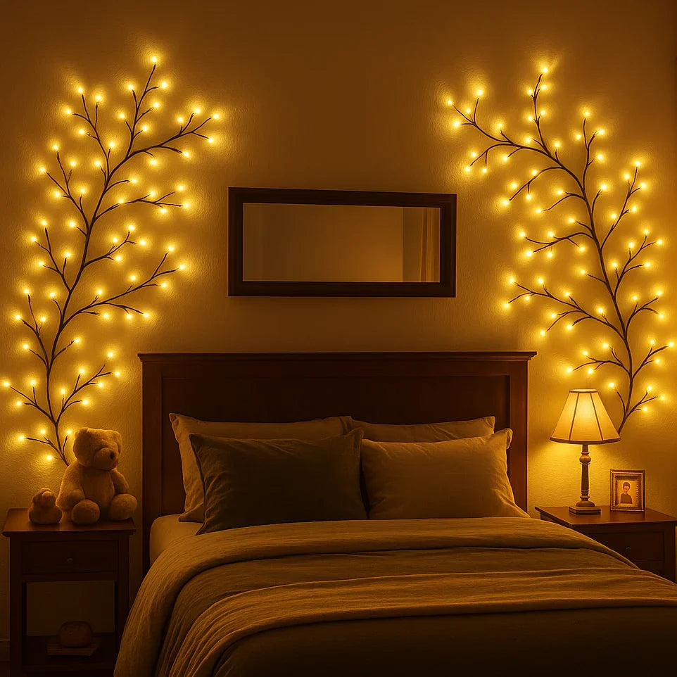 Applique murale décorative LED en forme de branche de saule avec 144 lumières blanc chaud et 18 branches pour un éclairage d’ambiance – 2,3 mètres avec télécommande, branche lumineuse à intensité réglable pour salon, chambre ou terrasse | Sulvida