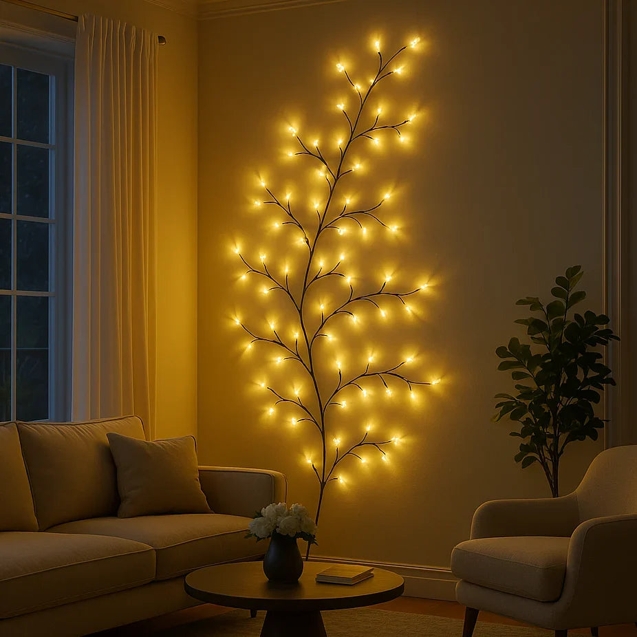 Applique murale décorative LED en forme de branche de saule avec 144 lumières blanc chaud et 18 branches pour un éclairage d’ambiance – 2,3 mètres avec télécommande, branche lumineuse à intensité réglable pour salon, chambre ou terrasse | Sulvida